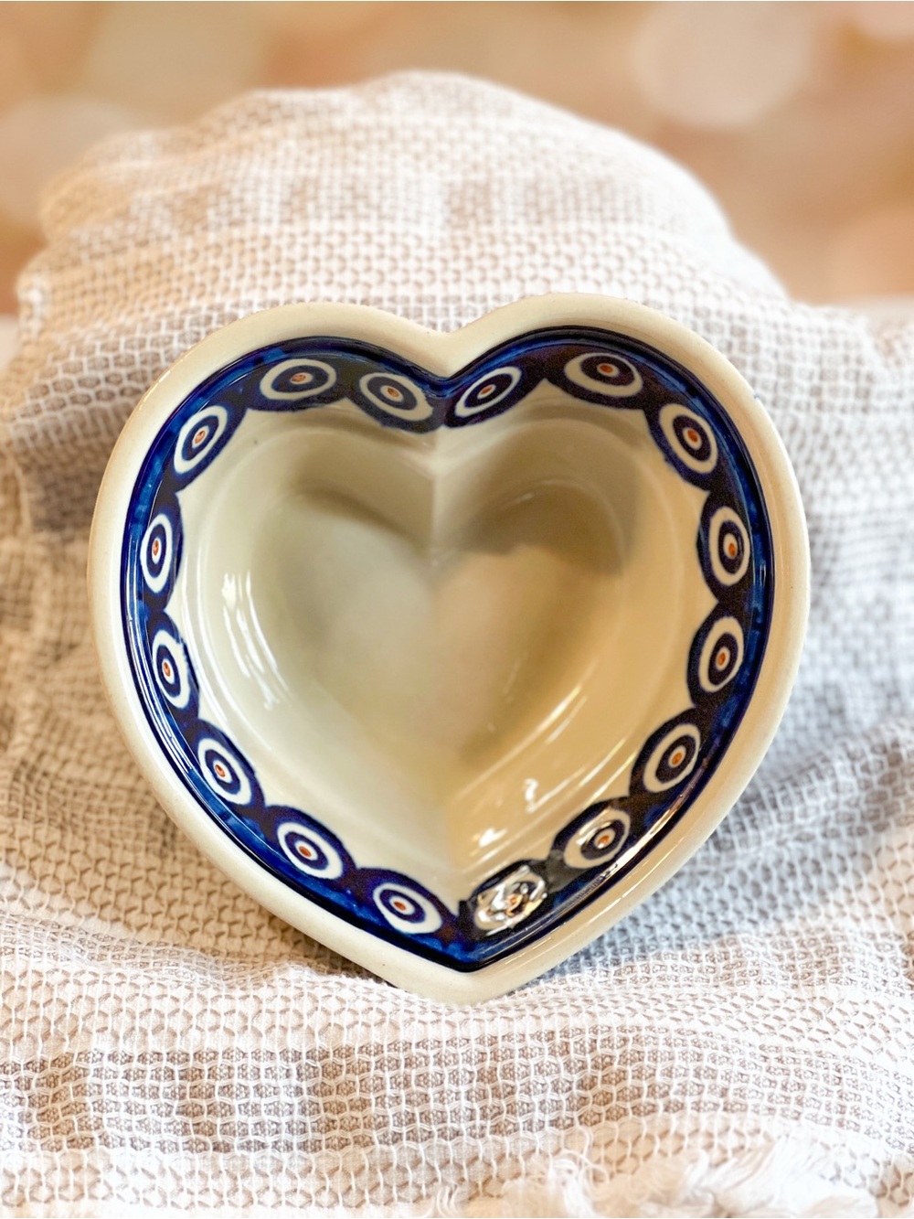 Boleslawiec Polish Pottery 5” Heart Bowl Blue Peacock Eye Handmade Poland